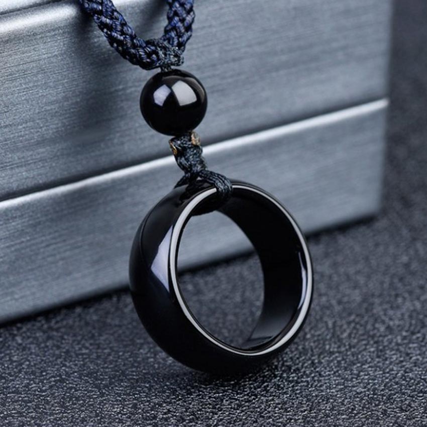 Kalung Tali Liontin Cincin Hitam Keren Anti Karat Giok Asli Untuk Couple Pria Wanita