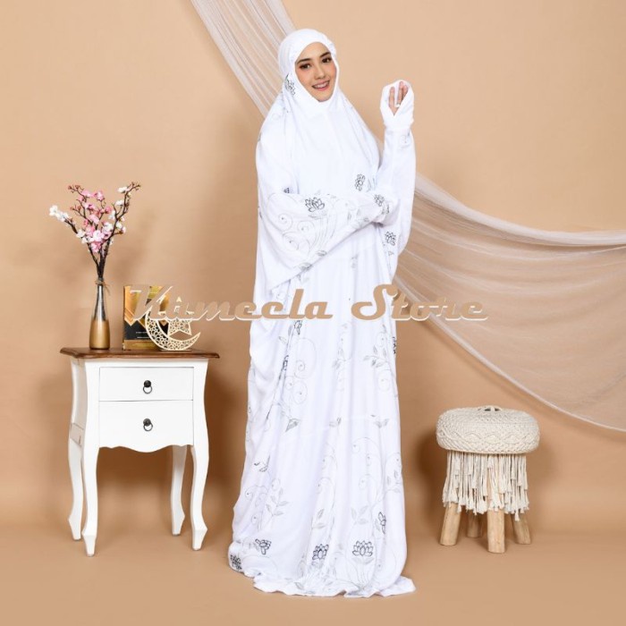 mukena terusan / lajuran dewasa putih  bahan katun rayon bordir