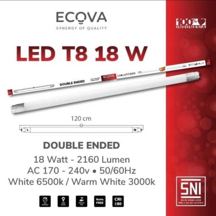 Ecova T8 18Watt Led Tube T8 18 Watt 120Cm 120 Cm Bergaransi 1 Tahun