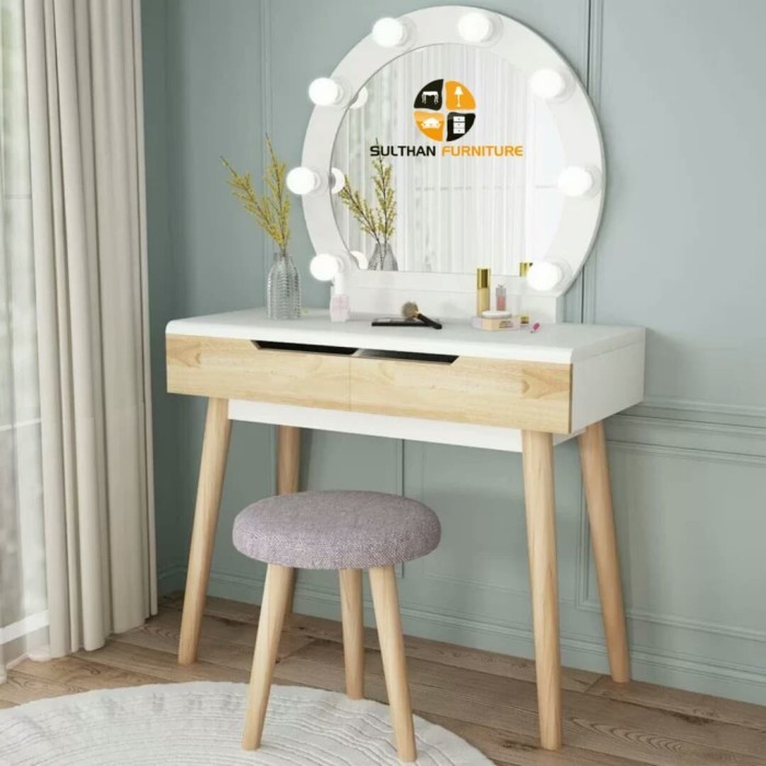 Meja Rias Minimalis 2 Laci - Tolet Retro Lampu LED - Meja Rias Putih