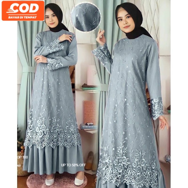 Paramita Dress Gamis Brukat Tile Premium Biru Muda Gamis Pesta Mewah Kondangan