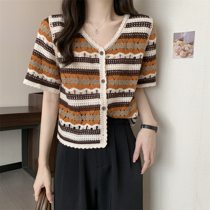 Women Crochet Knit Top Short Sleeve V-Neck Button Up Embroidery Striped Blouse Cardigan Summer Fairy