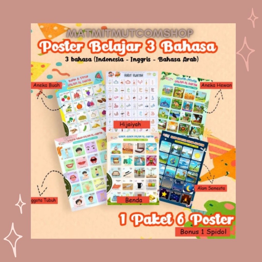 

Poster Belajar Anak 3 Bahasa untuk Anak TK Paud SD dapat 6 poster
