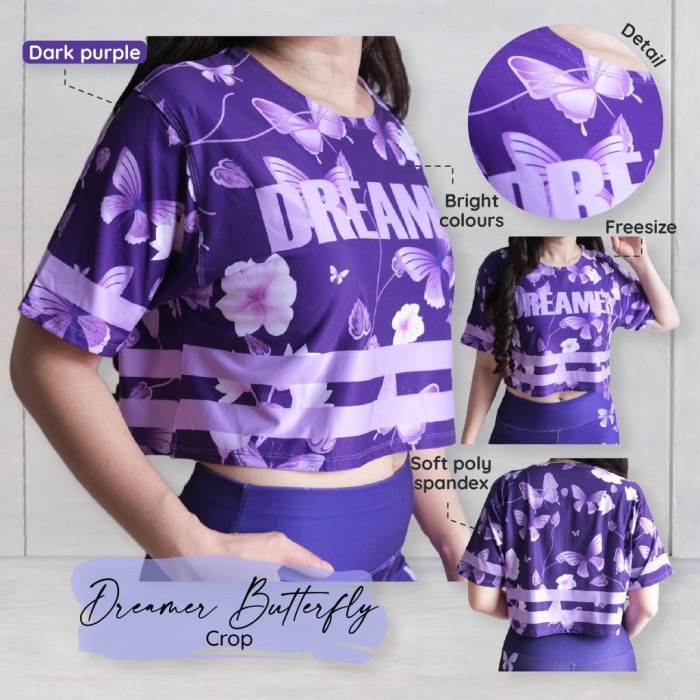 Dreamer Butterfly Crop Baju Kaos Atasan Olahraga Wanita - Dark Purple, Freesize