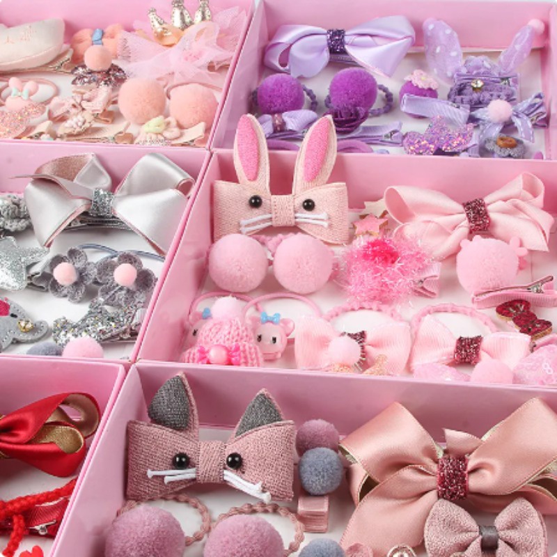 18Pcs/Set Ikat Rambut Anak Set Gift Box & Paper Bag - Ikat Rambut Anak - Jepit Rambut Anak Set -