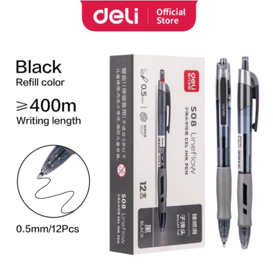 

Terbaru-Cod Deli Gel Pen Pulpen Gel Cetek 0.5 mm Tinta Hitam Biru Merah 12 PCS S08 - Hitam
