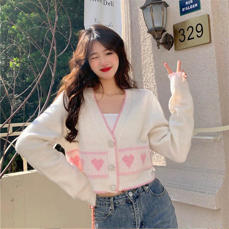 Cardigan Wanita Korean Style motif Love Sweater Baju Rajut Wol 018 Cantik Elegan Lengan Panjang Santai Wol Rajut V-Neck Hitam Pink Blue