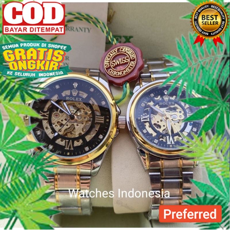 Bisa Cod Jam Tangan Couple Rolex Automatic Skelaton/ Rolex Otomatis Transparan Romawi// JAM TANGAN M