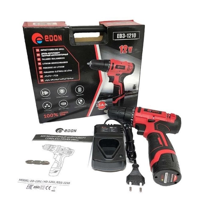 Mesin Bor Cordless Impact Drill Set EDON ED3-1210 12V Bor Cordless