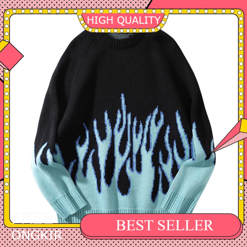 BEST SELLER Dark Icon Sweater Korean Style Pria Switer Crewneck Pria Dewasa Blue Flame Off Shoulder 
