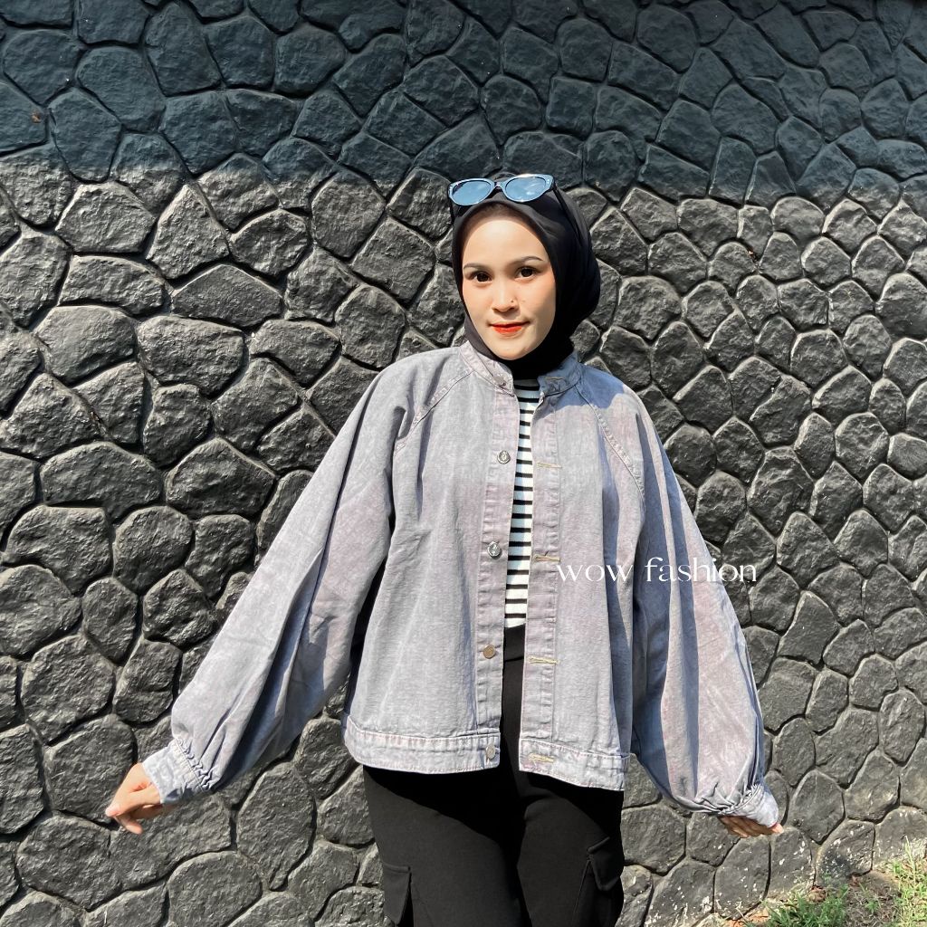 YM-Fazia Jaket Jeans Crop Oversize Wanita Korean Style Lengan Balon