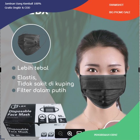 LBX Masker Premium Earloop 3Ply 3 ply Tebal Cantol Hitam Black isi 50 - Hitam