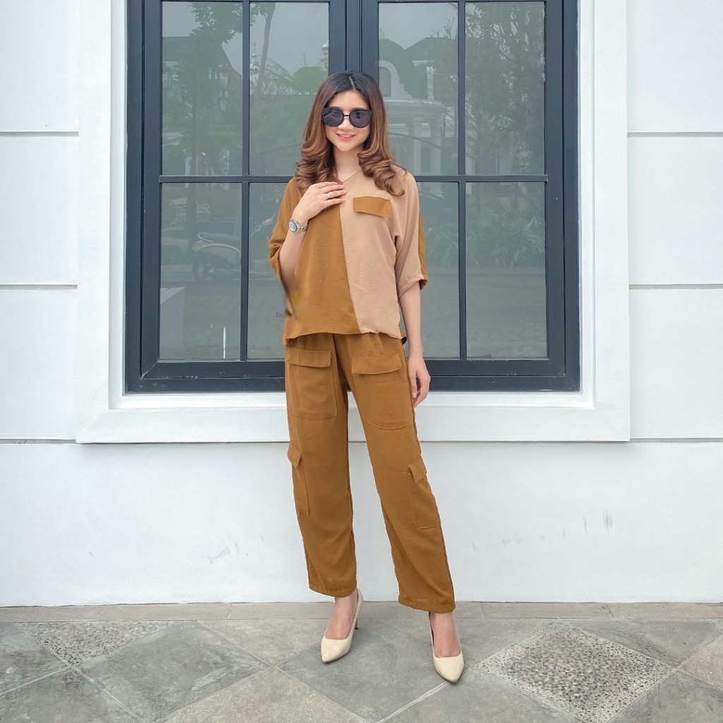 W & K - ZRX OOTD WANITA MOLI / AZIZAH ONE SET / One Set Combi 2 Warna / OOTD One Set Wanita Kekinian