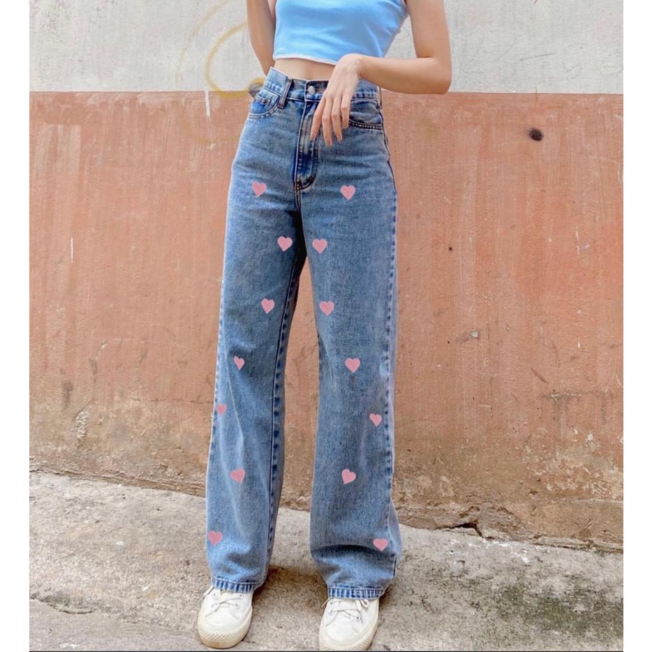 COD Celana Kulot Jeans Highwaist Wanita |  Kulot Jeans Love BF Jeans Bordir Love Pink Zanina