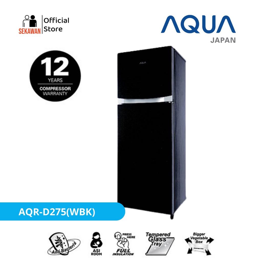 AQUA Japan AQR-D275R(WBK) 2 Doors Refrigerator, Glass Door, Black, Inverter, ASI BOX, 220Ltr