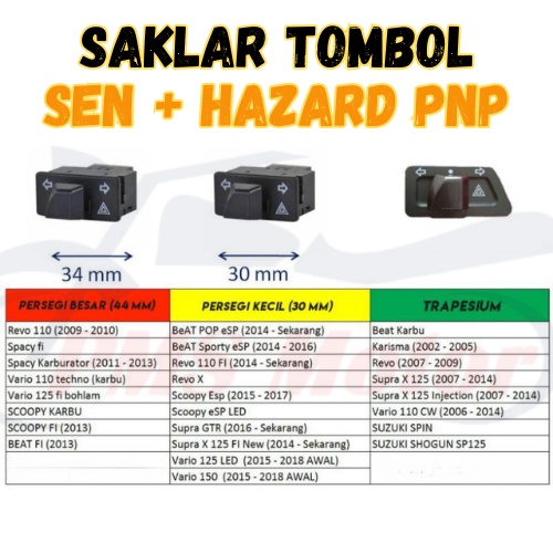 Saklar Tombol Sein Sen + Hazard PNP Langsung Pasang 30mm 34mm Trapesium Beat Vario Scoopy Nmax Mio S