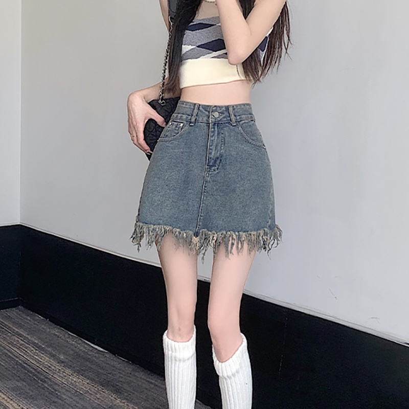 Yoohui DQ021 Rok mini jeans pendek wanita line korean style ripped fashion wanit Rok jeans Highwaist