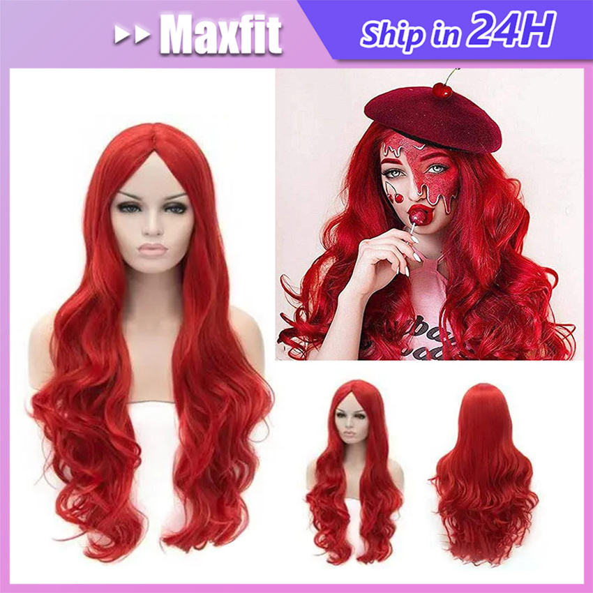 Wig Merah Panjang Curly Keriting Warna Cosplay Rambut Palsu Wanita Curly