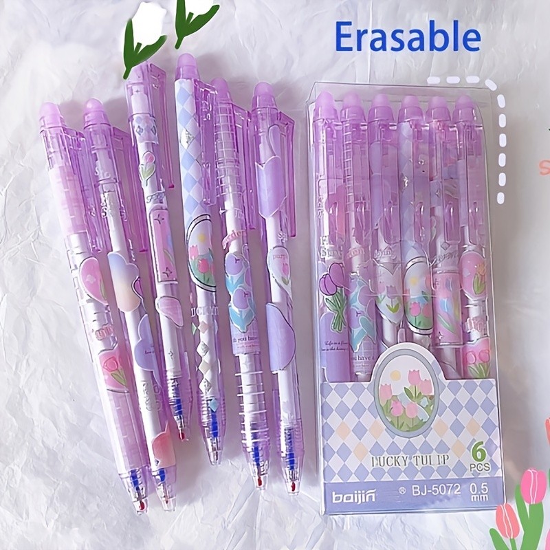 

6pcs Purple Tulip Erasable Gel Pens Kawaii Gel Pens With Erasers Korean Stationery Students Girl Gift School Office Supplies
