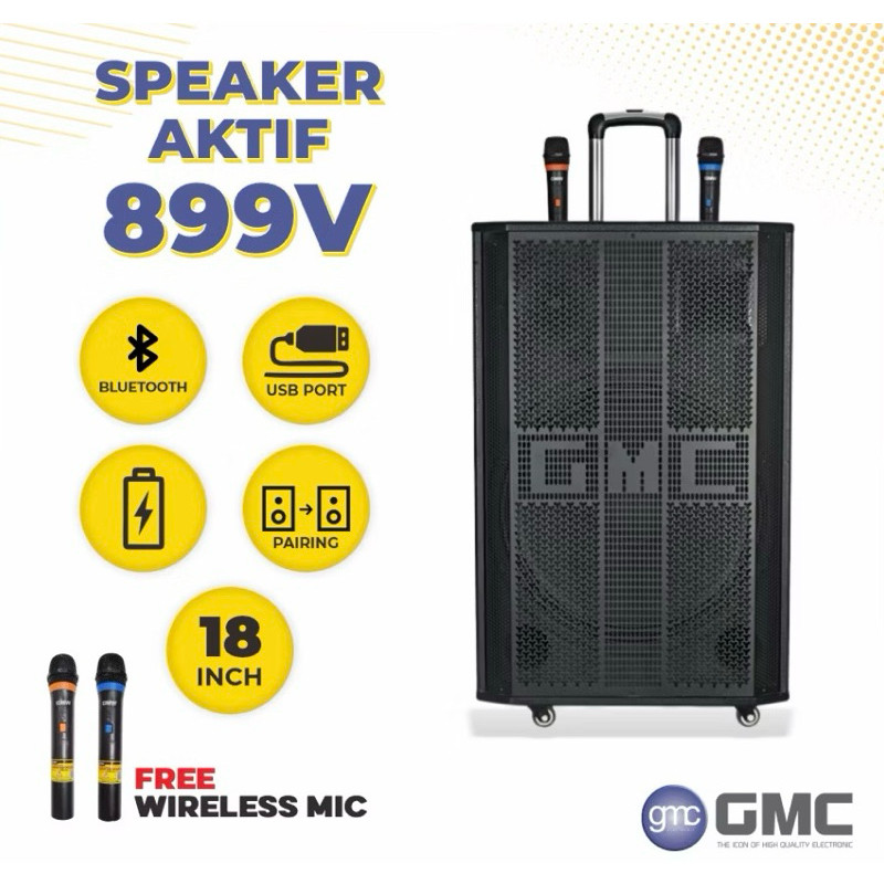 Speaker Portable Bluetooth GMC BM 899V 899 V Bonus 2 Mic Wireless UHF NW 18in 18inch SUPER BASS AMPL