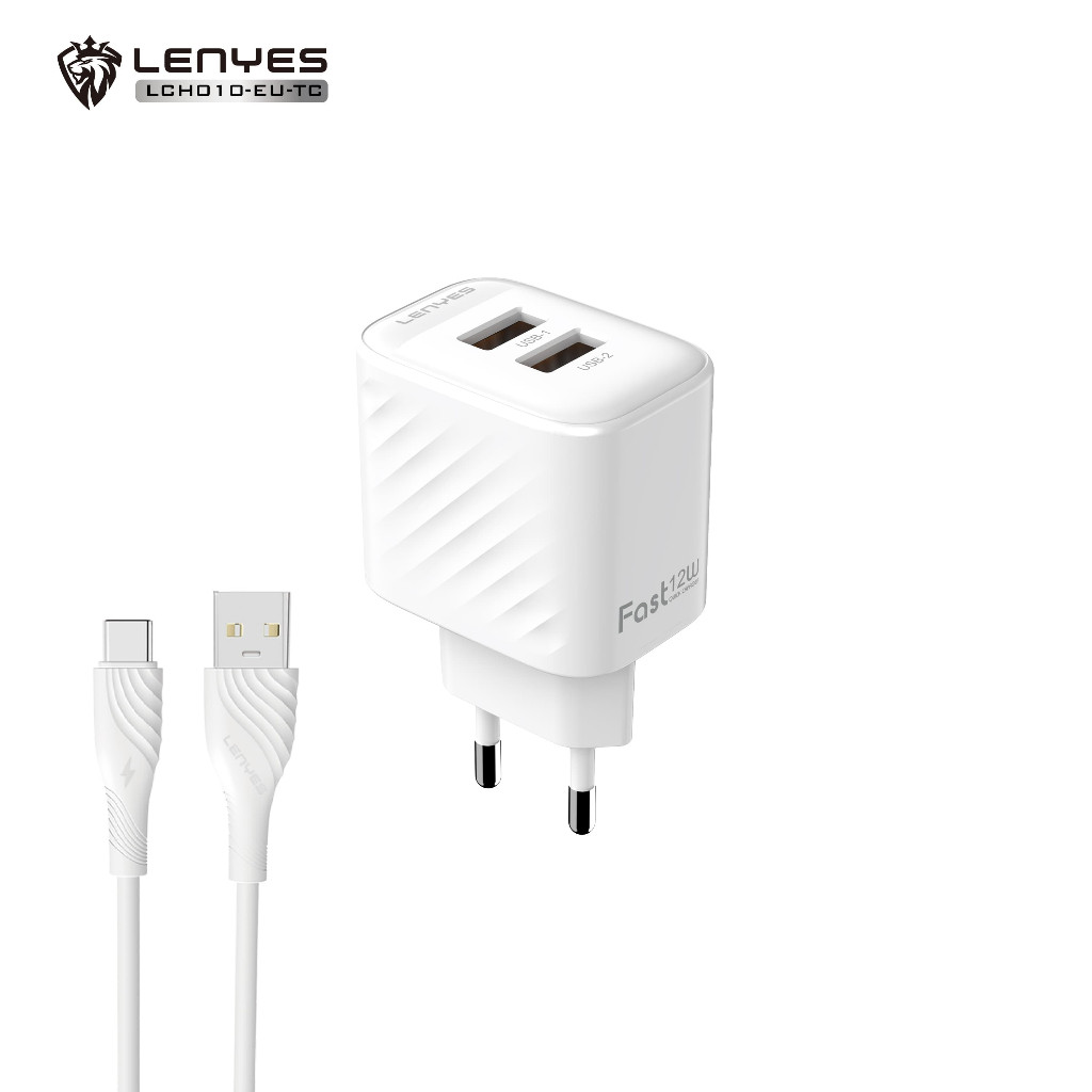 Travel Charger Dual Port USB LENYES LCH010 12W 1 set Adaptor Kepala Charger dengan Kabel Data Casan HP