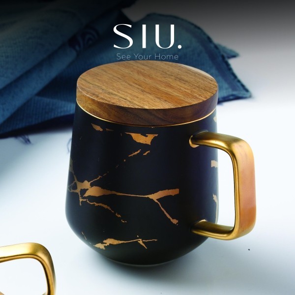 Marble Mug Wooden Lid – Mug Kopi Motif Marmer dengan Handle Kayu - Hitam