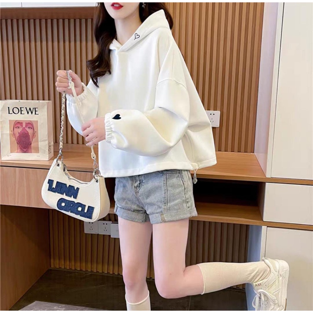 Outfit Wanita Kekinian Atasan Cewek OOTD Kece LUVY CROPE HODIE  LOVE Premium Murah