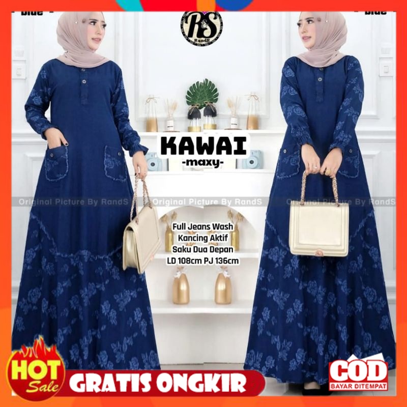 KAIN ADEM HALUS TEBAL / gamis jeans denim wanita kombinasi motif bunga terbaru 2023
