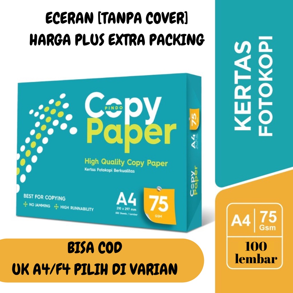 

KERTAS HVS FOTOCOPY A4/F4 75 GRAM ECERAN 1 PACK ISI 100/500 LEMBAR 1 RIM PROMO COD GRATIS ONGKIR