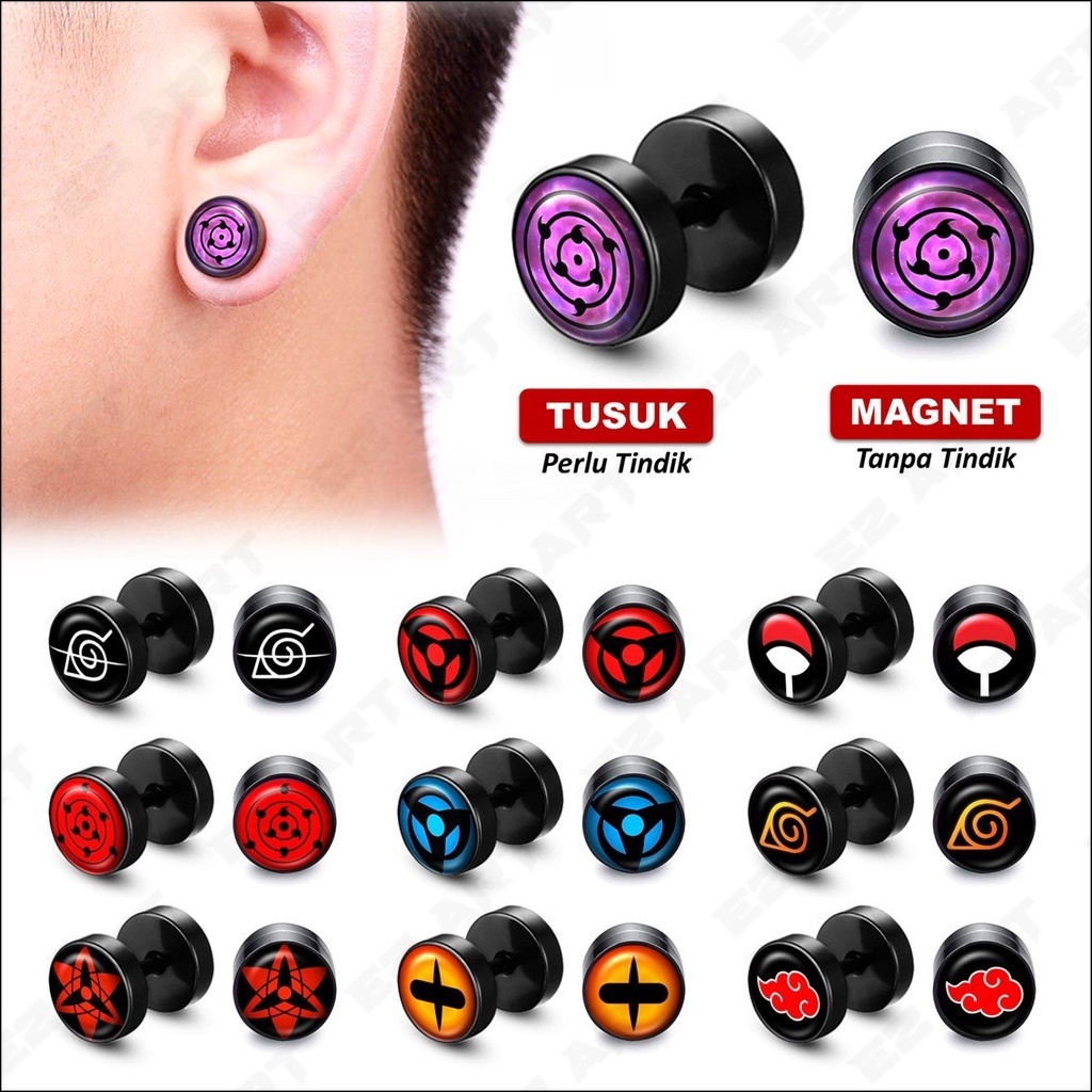1Buah Anting Magnet Anime Naruto Mata Sharingan Rinnegan Jepit Tusuk Barbel Roda Bulat Hitam Stainle