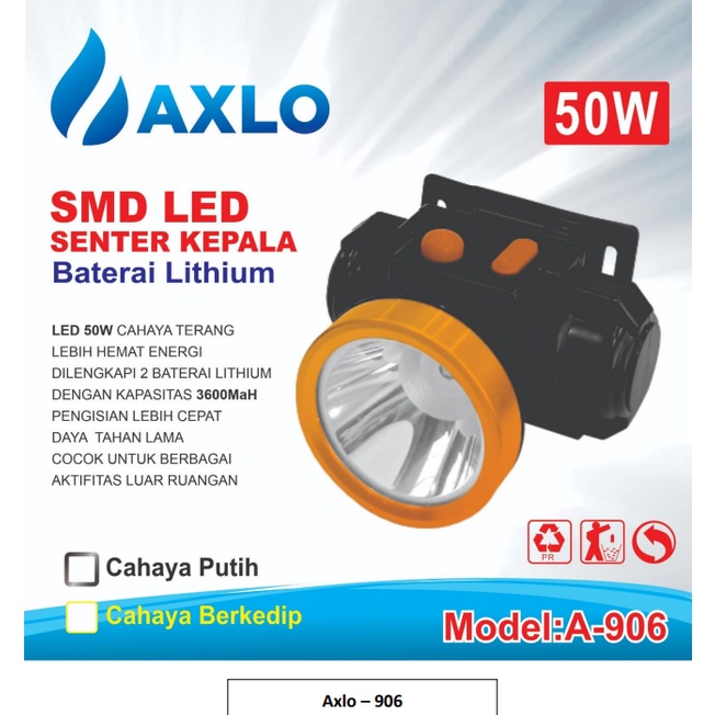 SENTER KEPALA 80w, 60w AXLO A-906, A-908 / SENTER HIKING CAMPING MANCING A-906, A-908