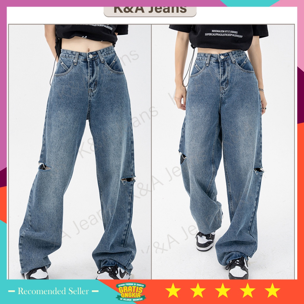 Bawahan Jeans Wanita Denim Murah / [K&A Jeans]S-XL Highwaist Jeans Sobek Wanita  Ripped Jeans Baggy 
