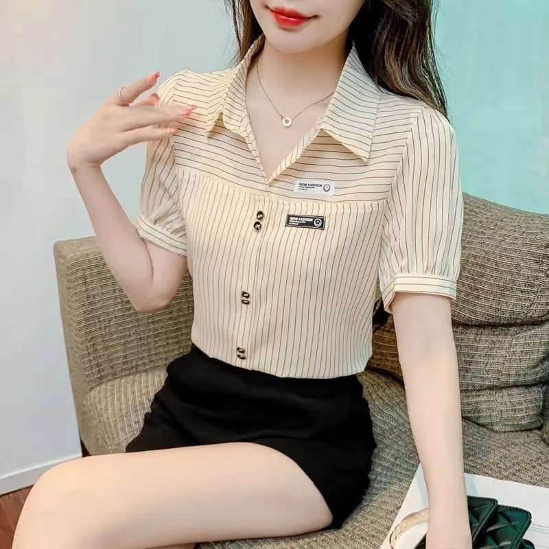 FAN Kemeja garis-garis pink gaya Korea terbaru/Kemeja wanita modis