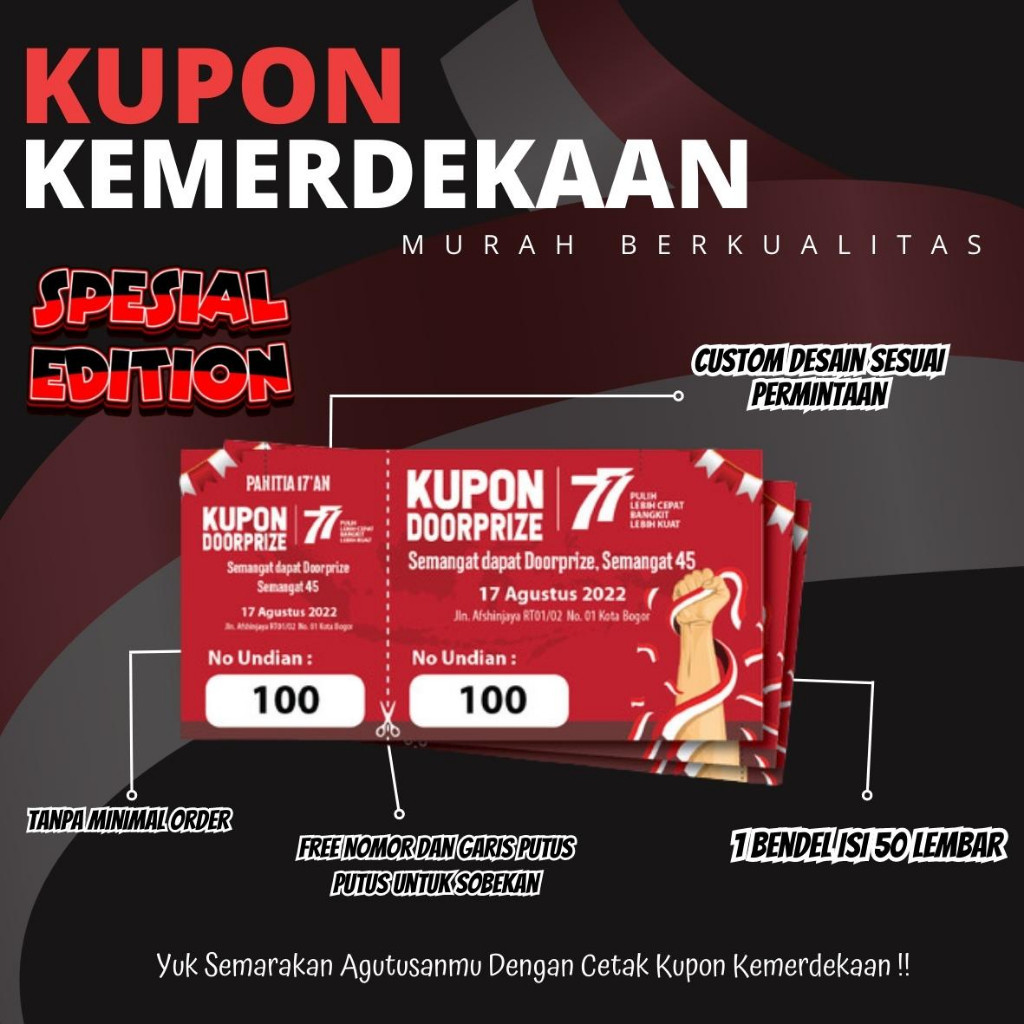 

KUPON UNDIAN / KARCIS PARKIR RETRIBUSI / KUPON JALAN SEHAT / KUPON GOWES / TIKET MASUK / VOUCHER