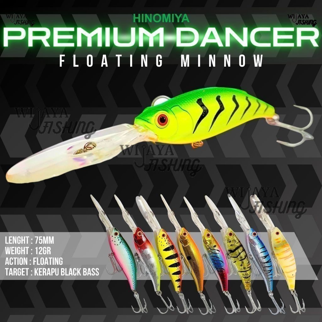 Umpan HINOMIYA Premium Dancer Floating Minnow Lure 7.5cm 12gr Mancing Casting Kerapu Black Bass Wija