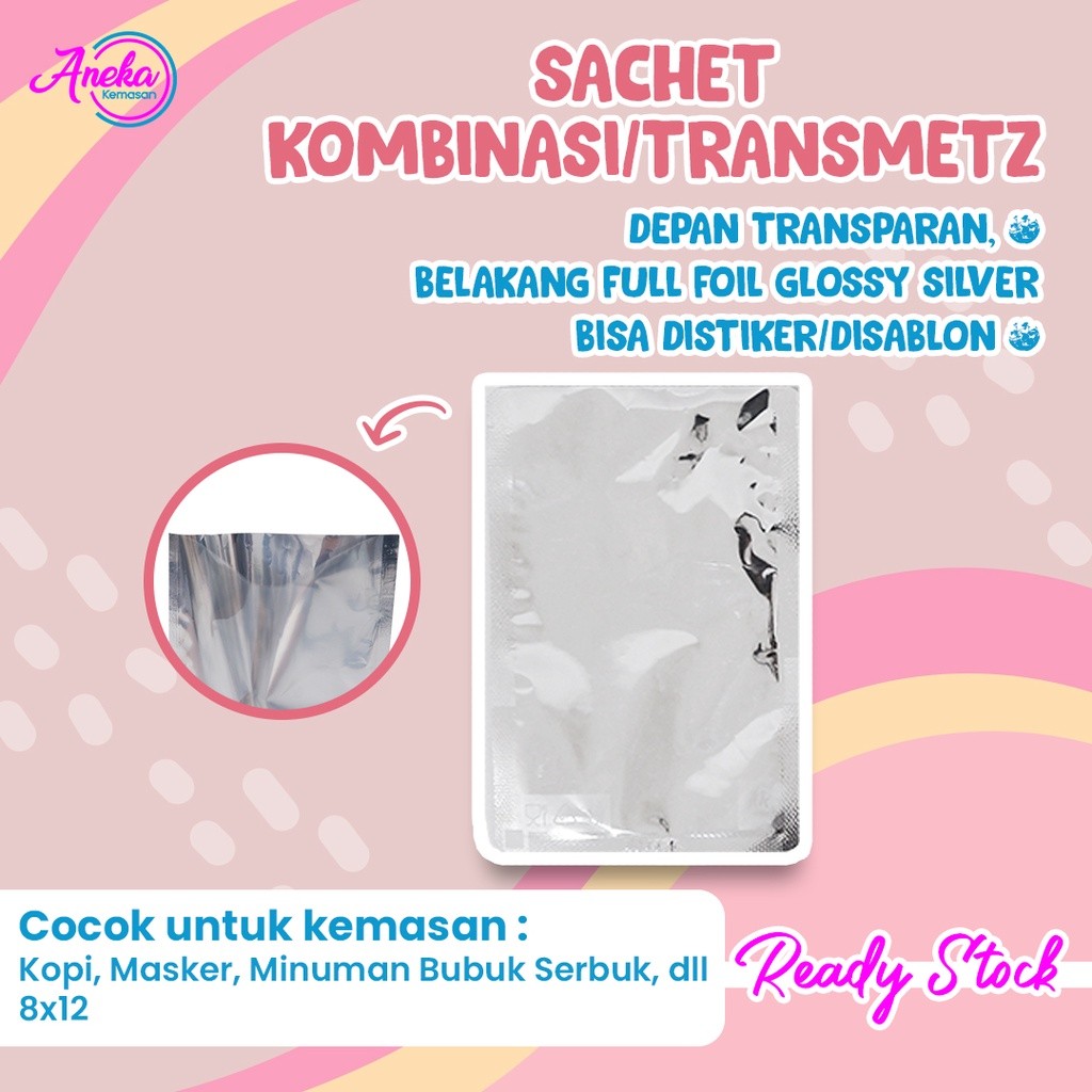 (1 PACK ISI 100 PCS) Sachet Transmetz Kombinasi Glossy Silver 8X12 Non Ziplock Plastik Strap Hijab M