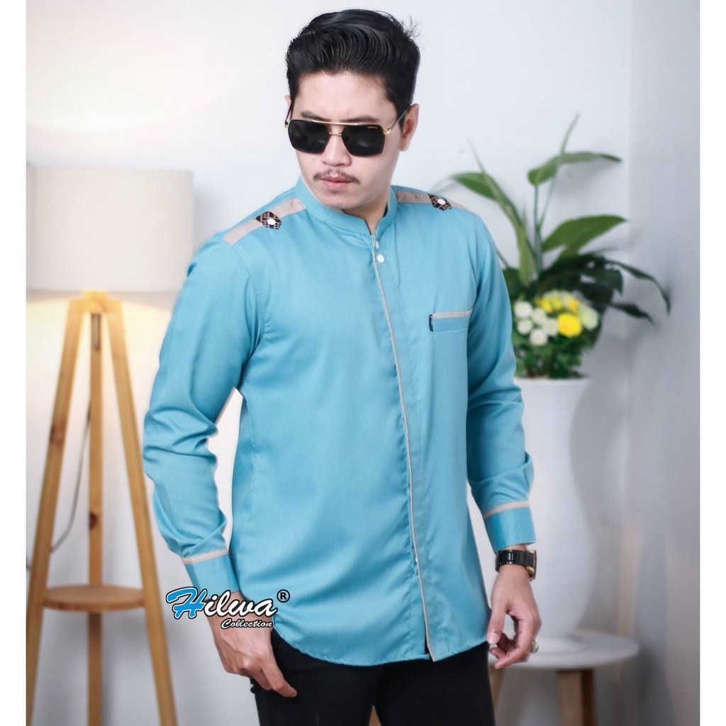 HILWA COLLECTION Kemeja Baju Koko Pria Lengan Panjang Warna Biru Wardah  Seragam Hadroh S M L XL XXL