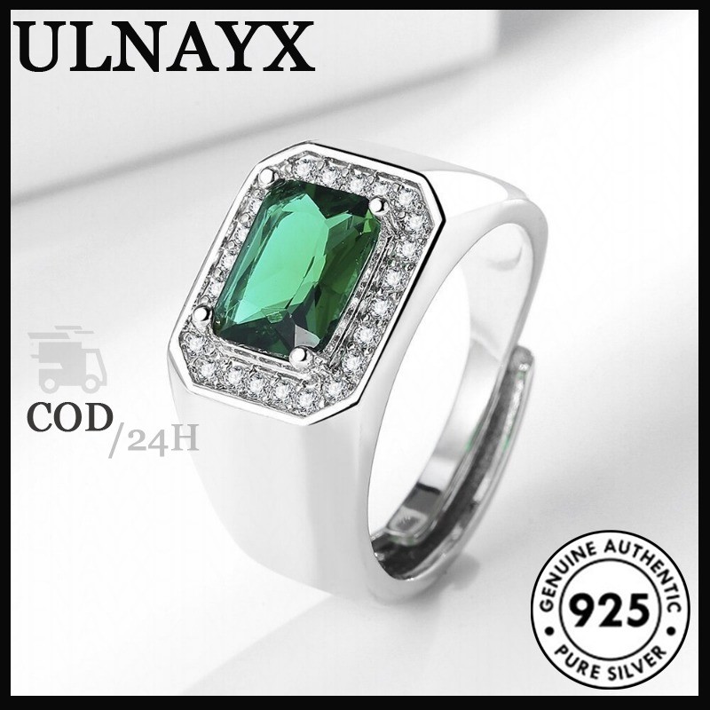 S925 Cincin Zamrud Persegi Perak Cincin Pria Mode Eropa Dan Amerika