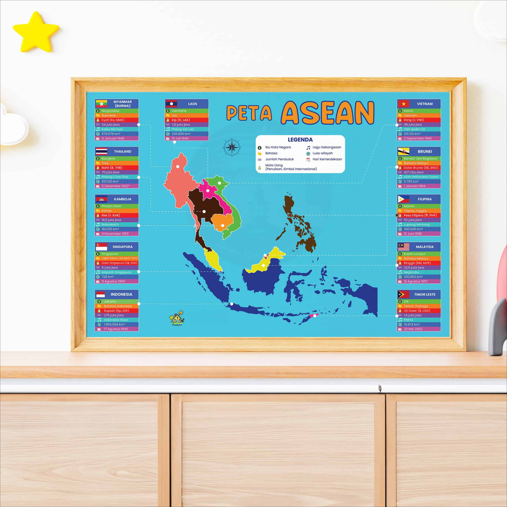 Poster Peta ASEAN Terbaru untuk Anak TK, PAUD, SD - Wipe Clean, Termasuk Timor Leste