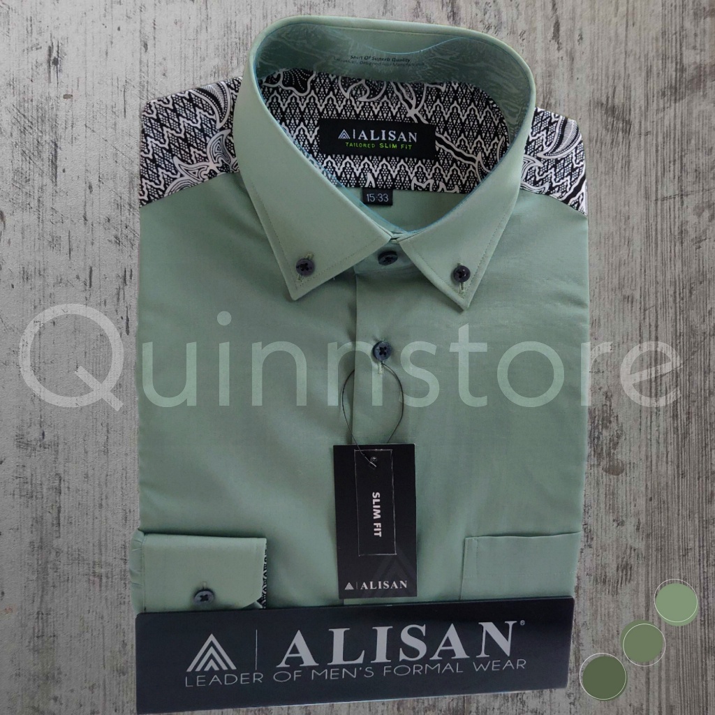 ALISAN Original Kemeja Polos-Kombinasi BATIK Pundak Lengan Panjang - SLIM FIT - Hijau SAGE