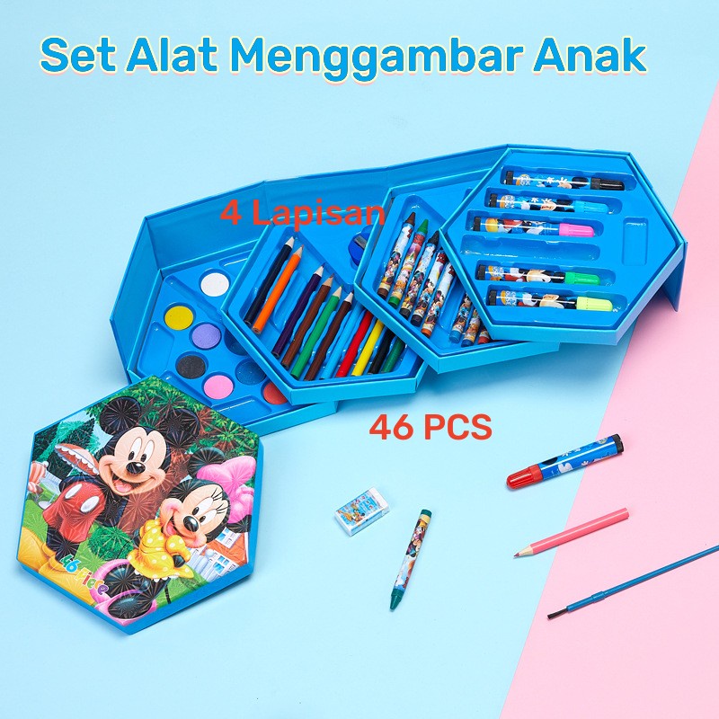 Crayon Set Susun 4 Pensil Warna isi 46 pcs Cat Air Lukis Alat Gambar Murah Mainan Edukatif Seni Anak