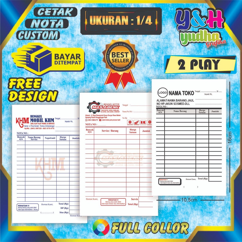 

Nota Costum 1/4 2 ply Gratis Desain Gratis Logo Bebas Nama Sendiri Y&H YUDHA GRAFIKA