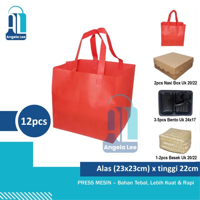 

12bh Tas Kain Spundbond Handle Lipat Polos Nasi Kotak/Besek uk 22cm - Merah