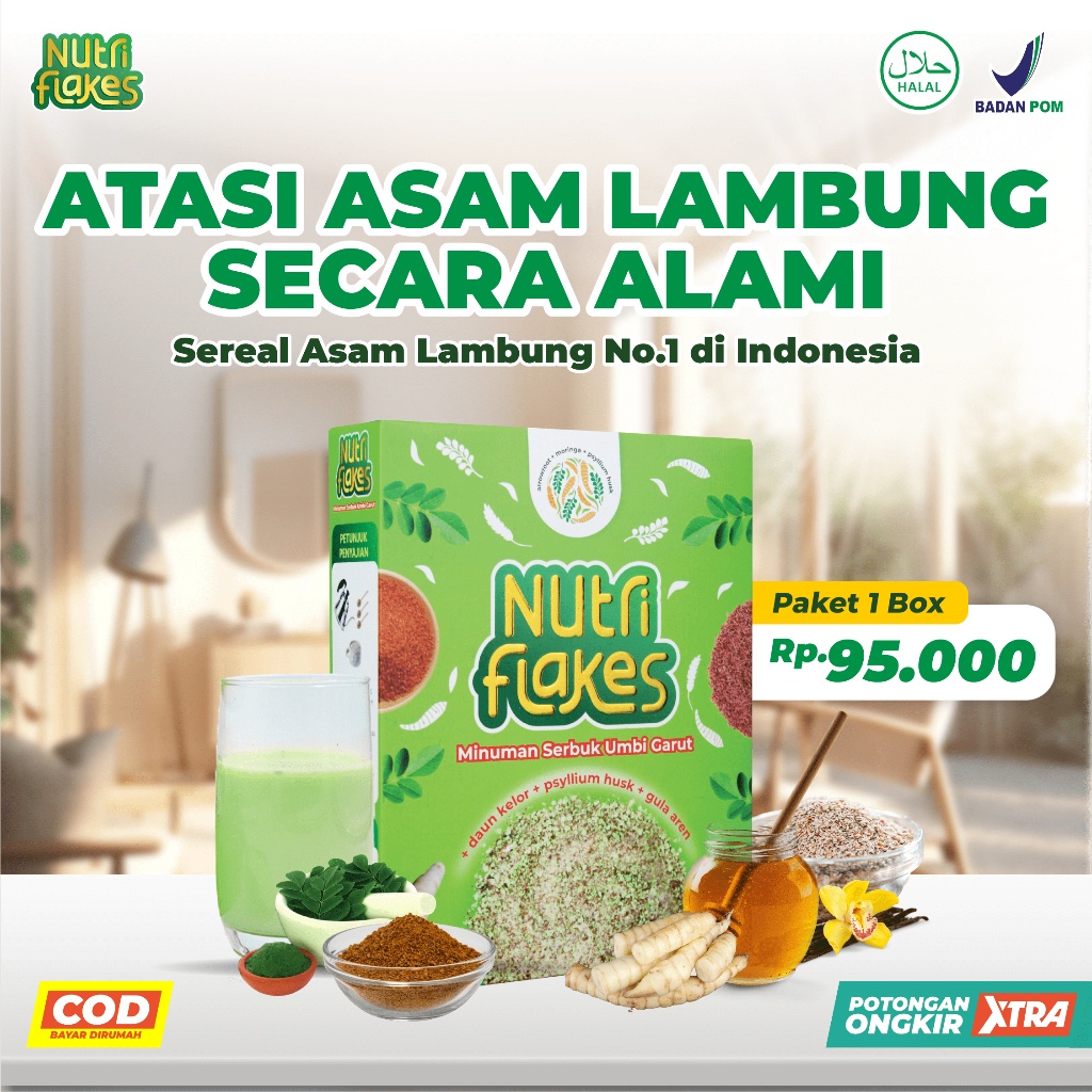

100% ORIGINAL Nutriflakes - Minuman Serbuk Umbi Garut dan Daun Kelor Ampuh Mengatasi Maag Asam Lambung 1 Box