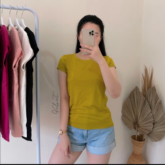 Velvet Clothing - Kaos Wanita Import Round Neck Pocket - kuning lemon