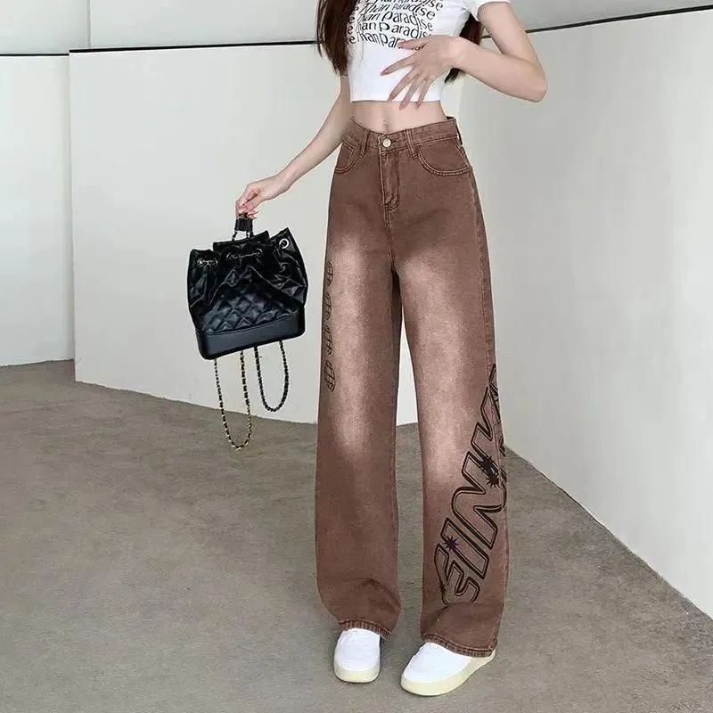 [ COD✅ ] Aroana  Jeans Cetak Coklat Gaya Eropa dan Amerika untuk Wanita Celana Panjang Lurus Kaki Le