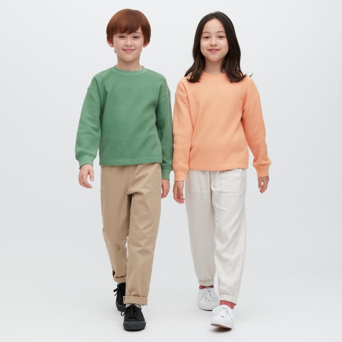 UNIQLO KIDS T-Shirt Waffle Kerah Bulat Lengan Panjang 456043 Anak - 52 GREEN