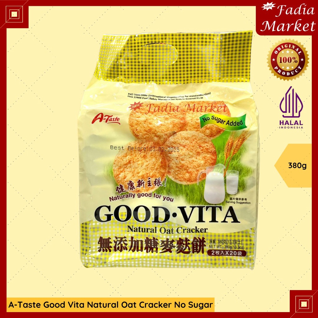 

A-Taste Good Vita Natural Oat Cracker No Sugar Tanpa Gula Tidak Manis Biscuit Snack Gandum Oat Malaysia 380g 20x19g (2pcs/pack)450