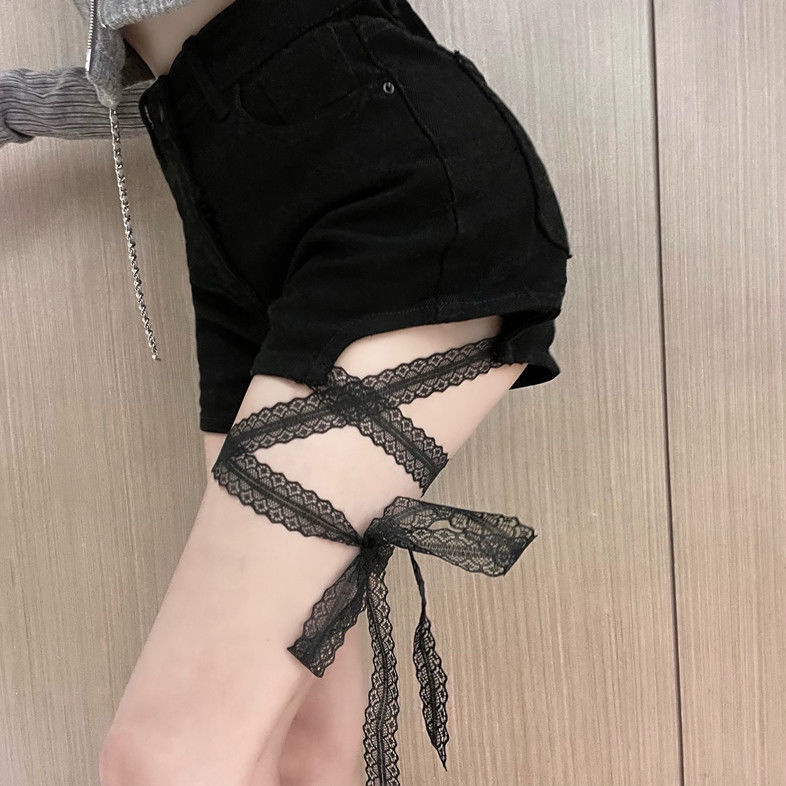 High waisted denim shorts, women's elastic lace strap, hot pants, trendy ins