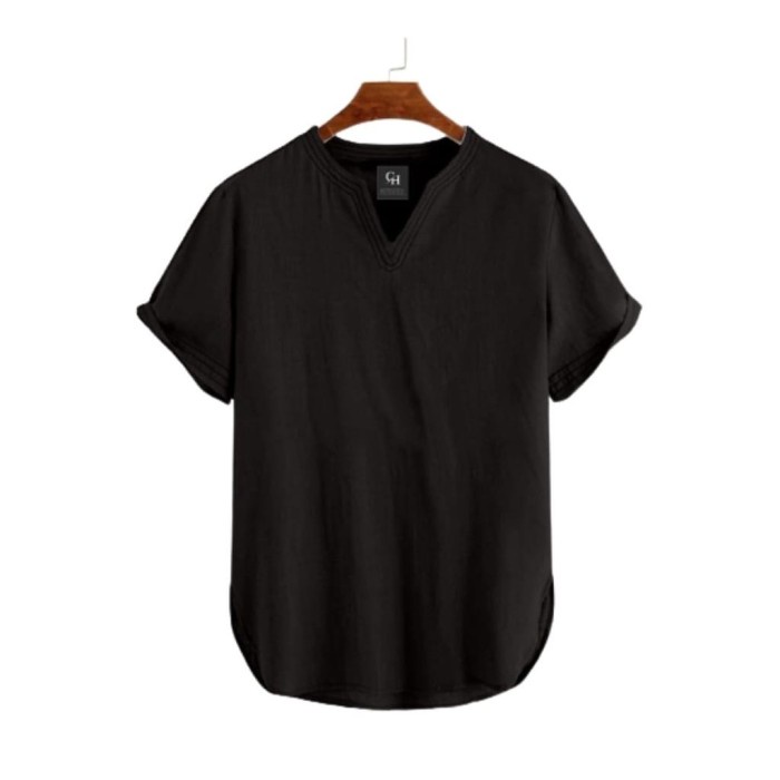 Koko Pria Muslim Lengan Pendek Putih V-neck Kemeja Kurta Casual Formal - Hitam, S